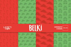 Red and green digital papers with Santa hats, candy canes, and gift icons for Christmas crafts.