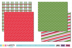 Classic red and green Christmas paper bundle with plaid, striped, and dotted patterns, ideal for cards, scrapbooking, and holiday decorations.