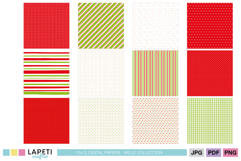 Collection of Christmas digital papers in red, green, and white with polka dots, stripes, hearts, and checkered patterns.