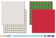 Red and green holiday scrapbook papers featuring gingham, tartan and layered plaid designs.