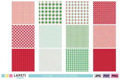 Festive digital paper designs featuring gingham, tartan and plaid-inspired Christmas patterns.