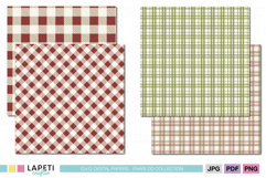 Coordinated plaid paper designs in red and green, showing diagonal and square plaid styles perfect for digital and printable crafts.