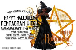 Happy Halloween Pentagram Red Hair Dark Witch PNG Graphic Product Image 1