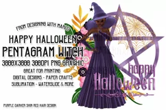 Purple Halloween Pentagram Red Hair Dark Witch PNG Graphic Product Image 1
