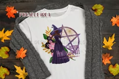 Purple Halloween Pentagram Red Hair Dark Witch PNG Graphic Product Image 7