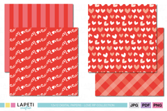 Love-themed red and blush plaid, stripe, and heart patterns for scrapbooking and digital crafts.