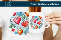 Red pink orange hearts and leaves on blue TShirt Background