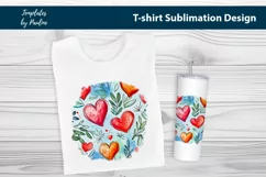 Red pink orange hearts and leaves on blue TShirt Background