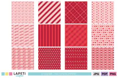 Red and pink love themed papers with romantic hearts and playful repeating patterns for Valentine crafts.