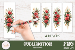 Christmas floral pen wraps for sublimation featuring red roses, pinecones, greenery and gold ribbon. Set of 4 PNGs in vertical layout.