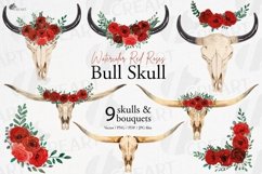 Red rose floral tribal bull skull with bouquets clip art Product Image 1