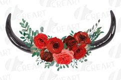 Red rose floral tribal bull skull with bouquets clip art Product Image 10