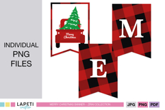 Individual printable banner flags with red truck and plaid letters, ideal for festive Christmas decorations.