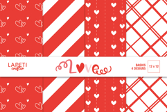 Red and white digital papers with heart and stripe patterns for Valentine’s Day crafts.