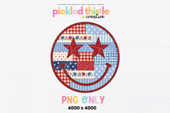 Red white and blue smiley face PNG with distressed patchwork texture, star eyes, and bold black outline for summer projects.
