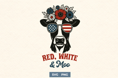 Red White and Moo SVG PNG Patriotic Cow with Flower Crown Product Image 1