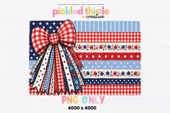 Large red gingham bow layered over a patchwork American flag featuring stars, stripes, florals, polka dots, and blue ticking stripes in a vintage hand-painted style.