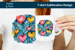 Red yellow hearts and leaves on blue TShirt Background