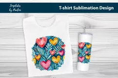 Red yellow hearts and leaves on blue TShirt Background
