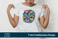 Red yellow hearts and leaves on blue TShirt Background
