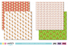 Christmas papers with reindeer, Santa and elf patterns, and green wreath backgrounds.
