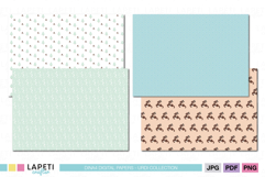 Winter digital paper bundle with reindeer, pine trees, mint leaves, and blue textured background, ideal for holiday crafts and scrapbooking.