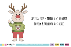 Smiling reindeer waving, cute Christmas illustration in pastel tones.