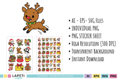 Adorable reindeer illustration with Christmas cliparts and PNG sticker sheets for holiday crafts.