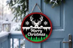 Reindeer Christmas Door Hanger SVG, Round Wooden Laser Cut Product Image 1