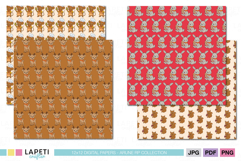 Christmas digital paper set with reindeer, mouse baker, bunny with cookie, and squirrel holding a gift, perfect for winter crafts and scrapbooking.