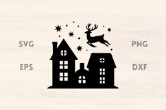 Flying Reindeer Cozy Town Scene SVG Product Image 1