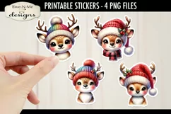 Cute Reindeer in Hats Printable Stickers | 4 PNG Stickers Product Image 1