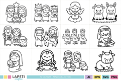 Cute nativity digital stamps in clean black line art style