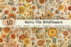 Retro 70s Wildflowers Seamless Pattern, Groovy Vintage Floral Digital Paper