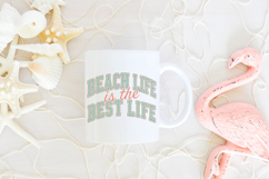 Beach themed shirt design with layered typography, combining collegiate font and handwritten script in teal and coral tones, centered on a neutral white background for easy visualization on apparel.