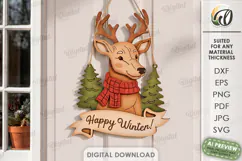 Retro Christmas Door Hanger Laser Cut. Reindeer SVG Product Image 1