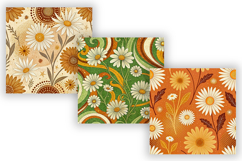 retro seamless pattern, daisy digital paper, 70s floral design, orange mustard blooms, vintage kitchen decor, geometric daisy repeat, psychedelic festival theme, seamless throwback style, warm palette florals, summer nostalgia art, digital download retro,