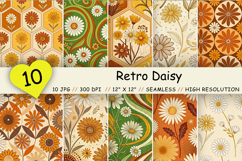 retro seamless pattern, daisy digital paper, 70s floral design, orange mustard blooms, vintage kitchen decor, geometric daisy repeat, psychedelic festival theme, seamless throwback style, warm palette florals, summer nostalgia art, digital download retro,