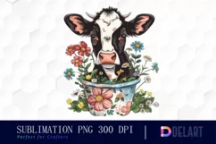 Retro Floral Cow In a Pot Watercolor Clipart Product Image 1