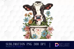 Retro Floral Cow In a Pot Sublimation PNG Clipart Product Image 1
