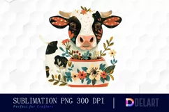 Retro Floral Cow In a Pot Sublimation PNG Clipart Product Image 1