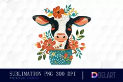 Retro Floral Cow In a Pot Watercolor Clipart Product Image 1