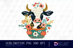 Retro Floral Cow In a Pot Watercolor Clipart Product Image 1