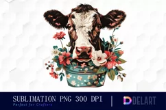 Retro Floral Cow In a Pot Watercolor Clipart Product Image 1