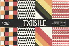 Retro geometric digital papers in coral orange yellow olive charcoal and cream