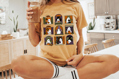 Cute spooky-season PNG showing nine ghosts enjoying quiet activities inside different windows. Details include a black cat, books, music, yarn, cookies, plants and moonlit bedroom scenes.