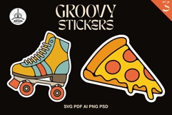 Colorful groovy sticker set featuring a retro roller skate and dripping pizza slice in bold 70s-inspired colors, ideal for posters, apparel, scrapbooks, and nostalgic graphic projects.
