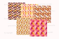 Bundle of bright watercolor retro halloween papers, pastel pink and orange seamless patterns, pumpkins with bows patterns, rhombus watercolor printable papers, mosaic digital background, orange and pink watercolor stains pattern