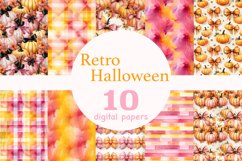 Bundle of bright watercolor retro halloween papers, pastel pink and orange seamless patterns, pumpkins with bows patterns, checkered watercolor printable papers, mosaic digital background, orange and pink watercolor stains pattern