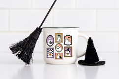 Retro Halloween PNG showing seven cute ghost portraits arranged in an offset gallery layout. Decorative oval, round and rectangular frames use muted purple, orange, green, pink and black with simple flat color and clean linework.
